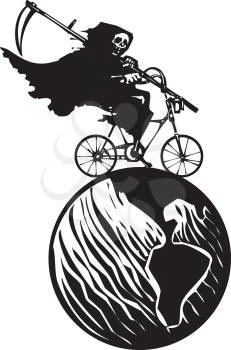 Woodcut styled image of a hooded wraith or death riding a bicycle around the earth