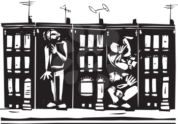 Woodcut style image of people boxed into urban ghetto row homes.