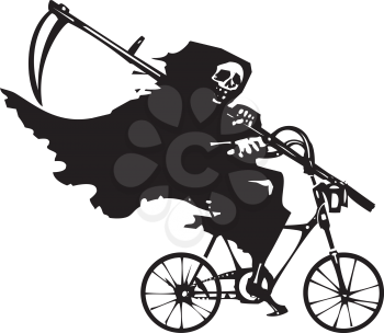 Woodcut styled image of death as the Grim reaper riding a bicycle.