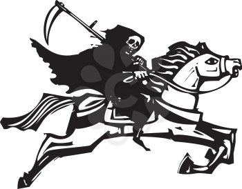 Woodcut style image of death riding a galloping white horse.
