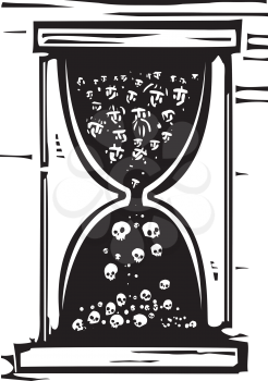 Woodcut style image of an hour glass with people in it becoming skulls