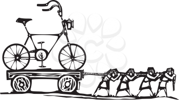 Woodcut style expressionist image of people hauling a hipster bike on a wagon