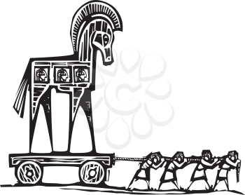 Woodcut style expressionist image of the Greek Trojan Horse being dragged into Troy.