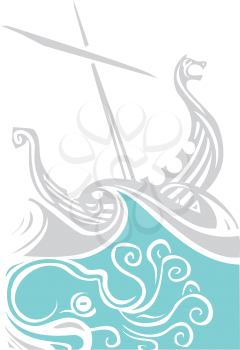 Woodcut style image of a viking longship sailing into the waves