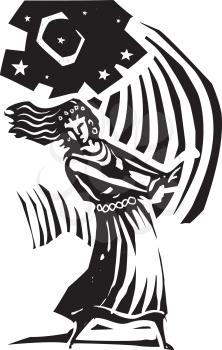 Woodcut style image of the a woman dancing below the moon.