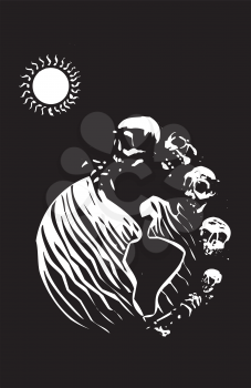 Woodcut style image of a batch of skulls and skeletons covering a globe of the earth in space.