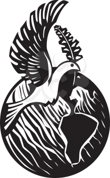 Woodcut style image of the peace dove with an olive branch over a globe of the earth