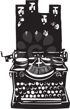 Woodcut style image of a manual typewriter with woman wearing Islamic hijabs emerging from it.