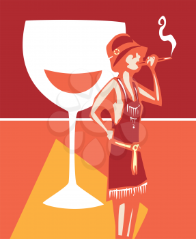Woodcut syle image of a woman in a flapper dress smoking and a wine glass