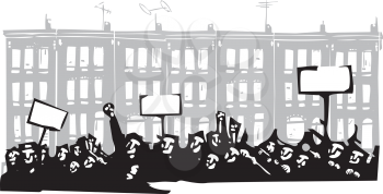 Woodcut style image of a riot or protest in front of Baltimore Row houses