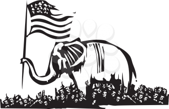 Woodcut Style image of an Elephant waving an American flag surrounded by a crowd of refugees.