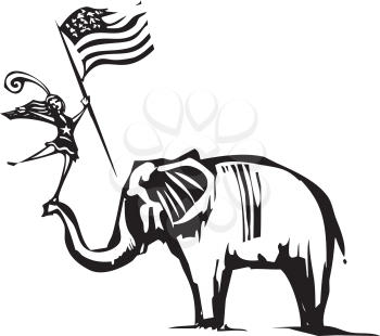 Woodcut Style image of an Elephant with a cheer leader waving an American flag