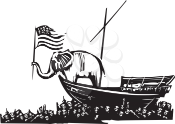 Woodcut Style image of an Elephant waving an American flag on a boat surrounded by a sea of refugees.