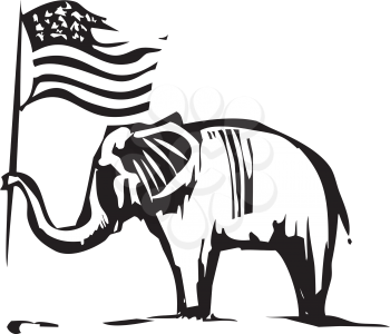 Woodcut Style image of an Elephant waving an American flag