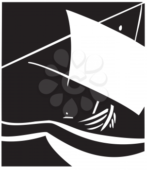 Woodcut style image of a viking ship at sea