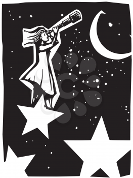 Woodcut style expressionist image of a woman standing on a star looking at the sky with a telescope.