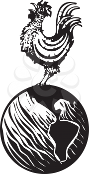 Woodcut Rooster crowing on earth globe at the breaking of dawn.