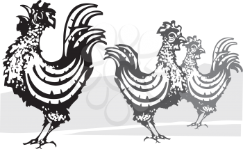 Woodcut image of three roosters in black and gray