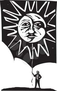 Woodcut style image of a sun and moon face being held by a man holding a piece of string.