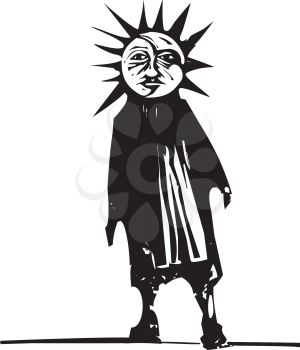 Woodcut style image of a sun and moon face on human figure