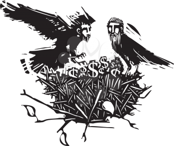 Woodcut style expressionistic crows with the heads of men with a birds nest full of money
