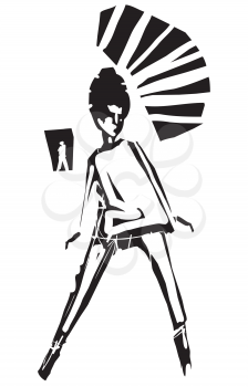 Woodcut style expressionist image of a sixties Mod girl with a beehive hairdo dancing