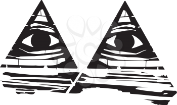 Woodcut expressionist style image of two eyes of providence or illuminati symbols.