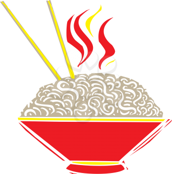 Woodcut image of a bowl of noodle and chopsticks