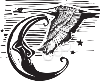 Woodcut expressionist style Swan in flight over a crescent moon