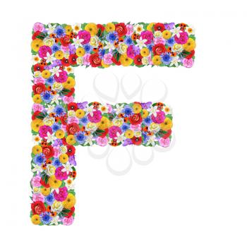 F, letter of the alphabet in different flowers isolated on white background