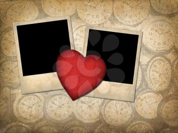 Two old-style photo  with red paper heart  in vintage style
