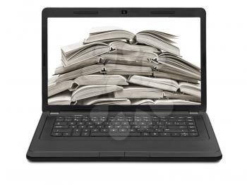 stack of books on a laptop screen isolated on white background