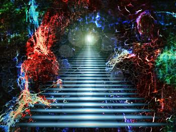 Luminous aerial staircase through the fourth dimension. Magical dream. Alice's path through the rabbit hole.