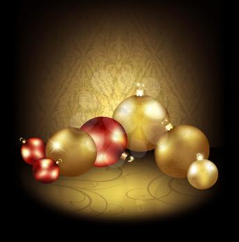 Royalty Free Clipart Image of Christmas Ornaments in a Decorative Background