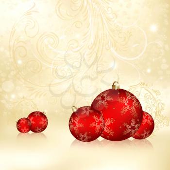 Royalty Free Clipart Image of Christmas Ornaments on a Soft Gold Background