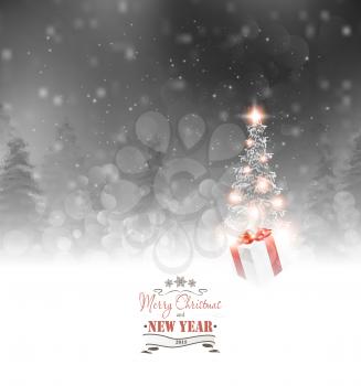 Christmas Background With Fir, Gift And Star