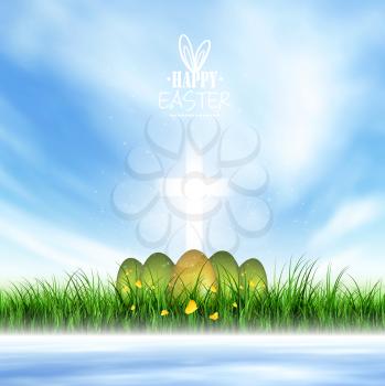 Spring Landscape, Easter Eggs And Christian Glowing Cross