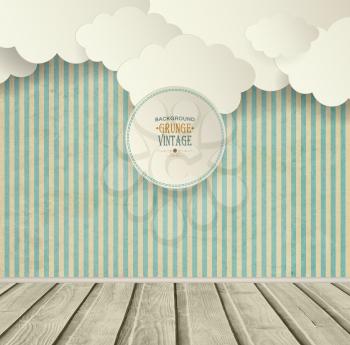 Vintage Striped Background With Clouds, Wooden Floor And Plate