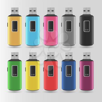 Set Of Vector Colorful Flash Drives On A Gray Background