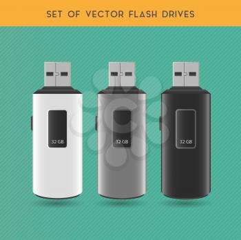 Set Of Vector White, Gray And Black Flash Drives On A Gray Background