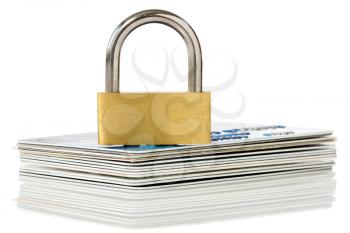 Royalty Free Photo of a Padlock on Credit Cards