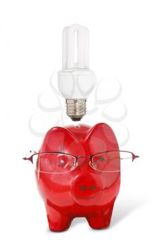 Piggy-bank with glasses and  light bulb . Energy savings concept. 