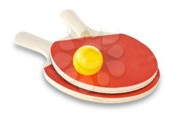 Table-tennis rackets and ball on a white background