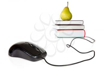 Internet education concept. Books and computer mouse over a white background.