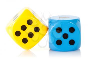 Yellow and blue  dices isolated on white background 