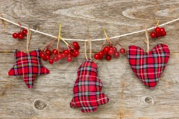 Christmas decoration with red berries on the wooden background 