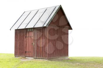 Wooden building with locked doors over a white background