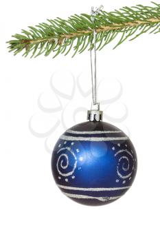 Christmas blue ornate bauble hanging over white background