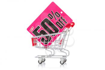 Shopping cart with tag of discount or sale. Isolated on white background