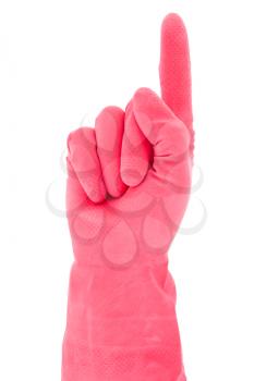 Hand in rubber glove pointing, touching or showing. Isolated on white background